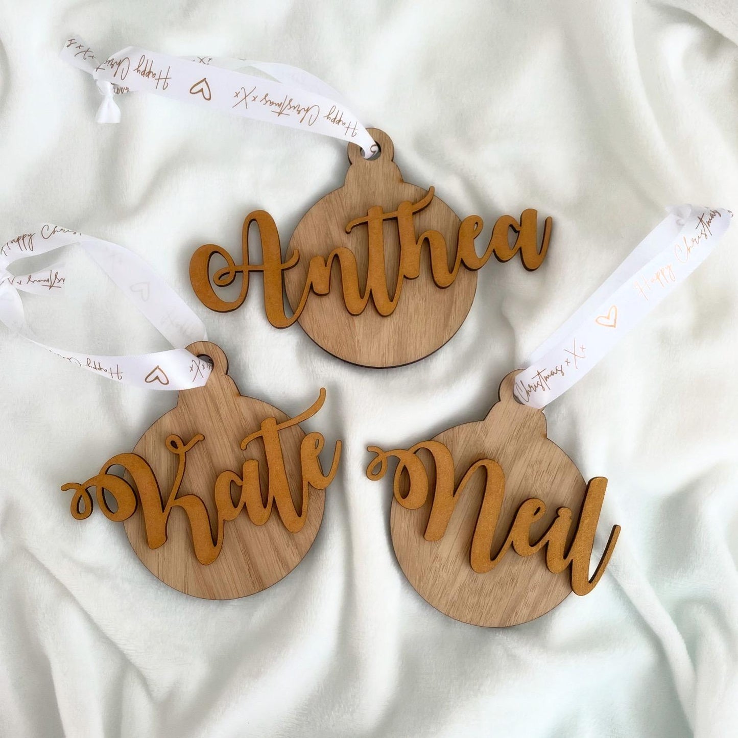 Personalised wood veneer family name bauble