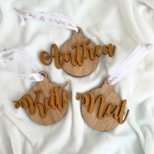 Personalised wood veneer family name bauble
