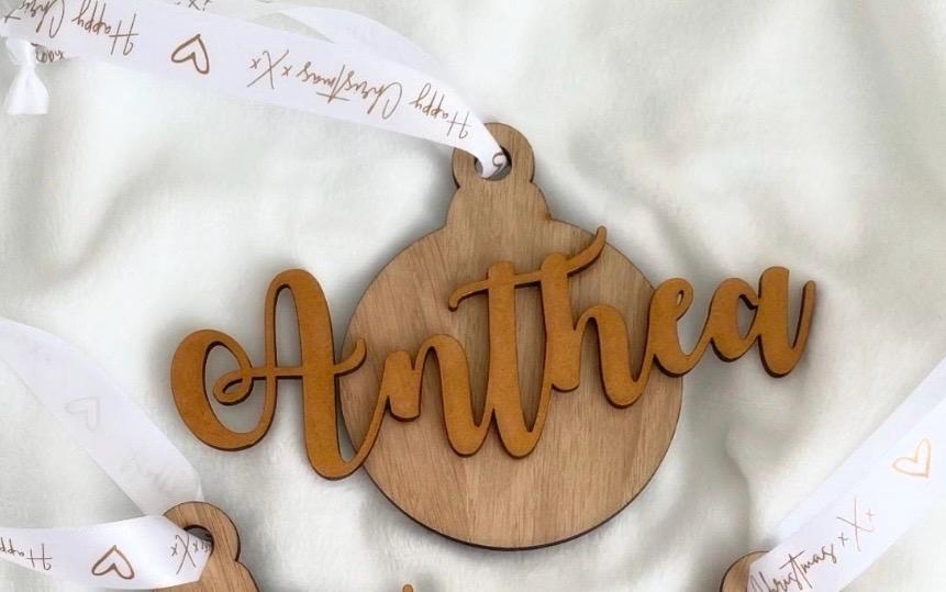 Personalised wood veneer family name bauble